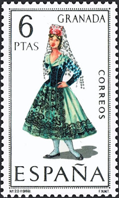 Traje típico de Granada - Edifil 1846 - Fecha de emisión: 5 de agosto de 1968 Traje típico de Granada - Edifil 1846 - Fecha de emisión: 5 de agosto de 1968