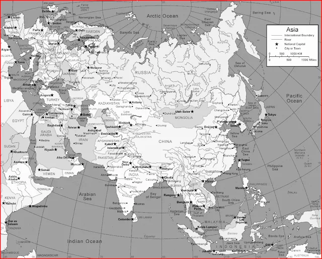 Black and white Asia Map With Country Names