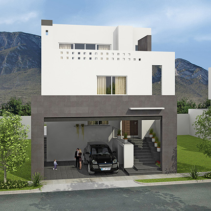 Fachada minimalista con sótano