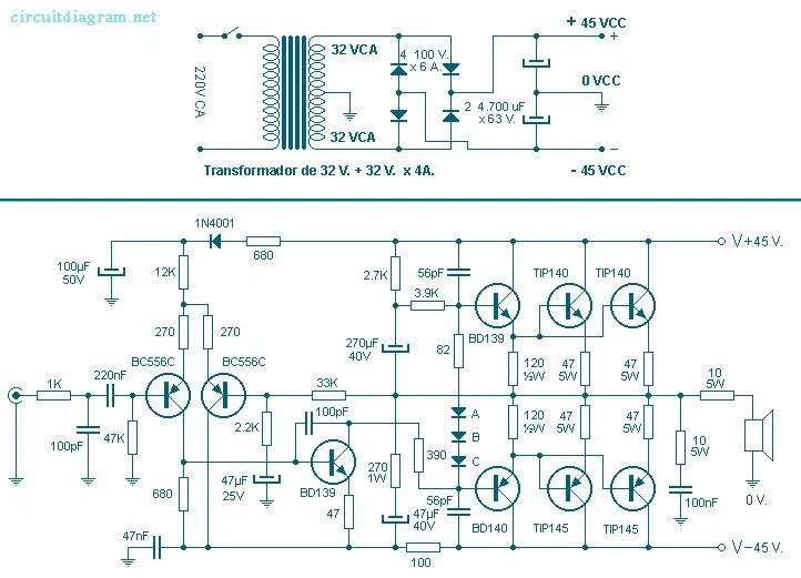 260 Watt power audio amplifier - Electronic Circuit