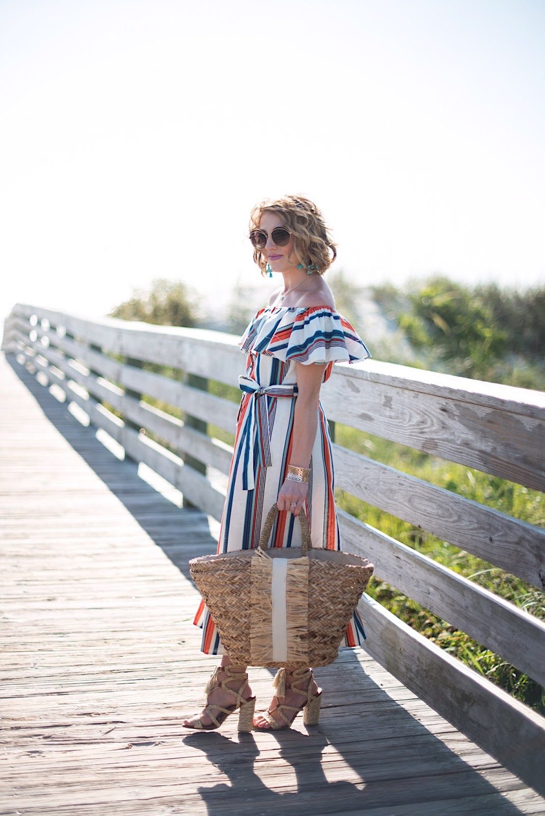 Moon River Stripe Off The Shoulder Midi Dress - Click through to see more on Something Delightful Blog!