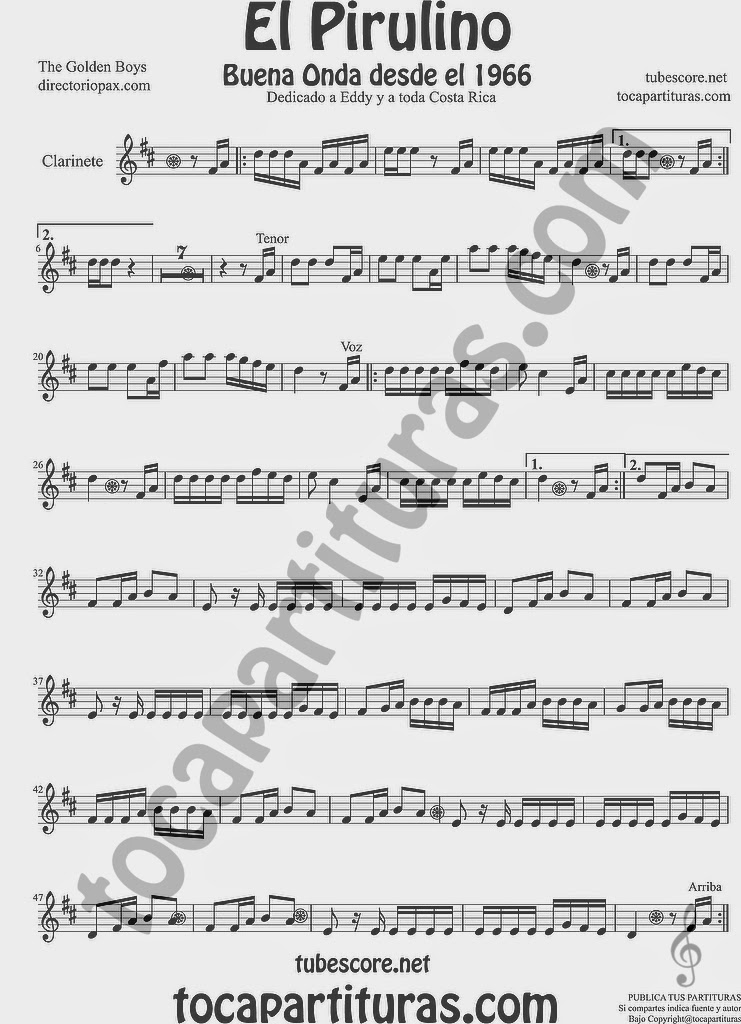 El Pirulino Partitura de Clarinete Sheet Music for Clarinet Music Score by The Golden Boys para Costa Rica