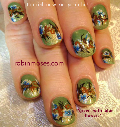 blue flower nail art design, purple flower nail art design, hippie