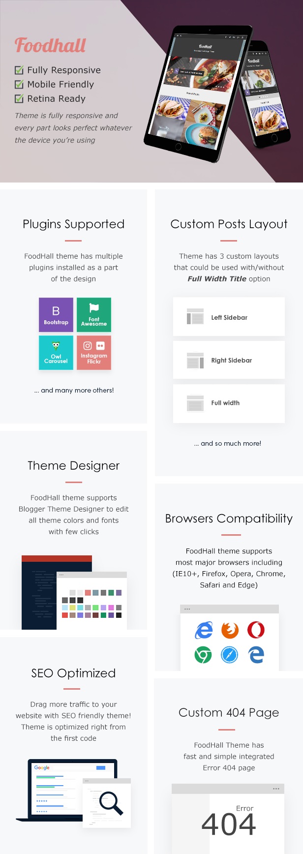 FoodHall Responsive Food Blogger Theme Features