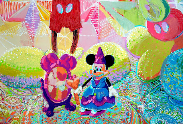 This is a detail of Minnie Mouse featured in the bottom left corner of the painting Mickey Puke by artist Dawn Hunter.