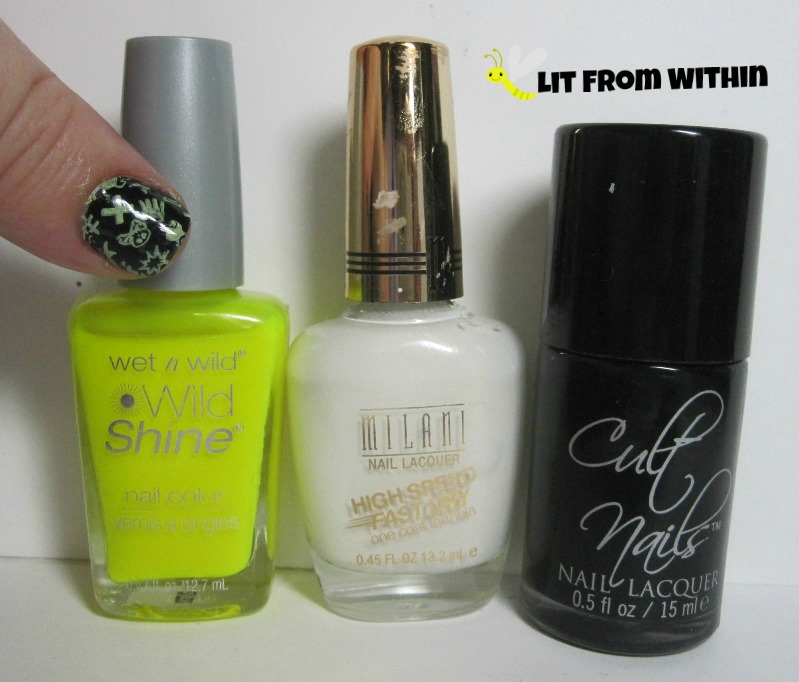 Bottle shot:  Wet 'n Wild Pin 'Em Slater, Milani White On The Spot, and  Cult Nails Nevermore.