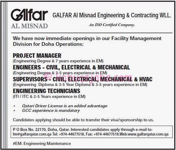 Galfar Al Misnad Engineering Job vacancies for Qatar