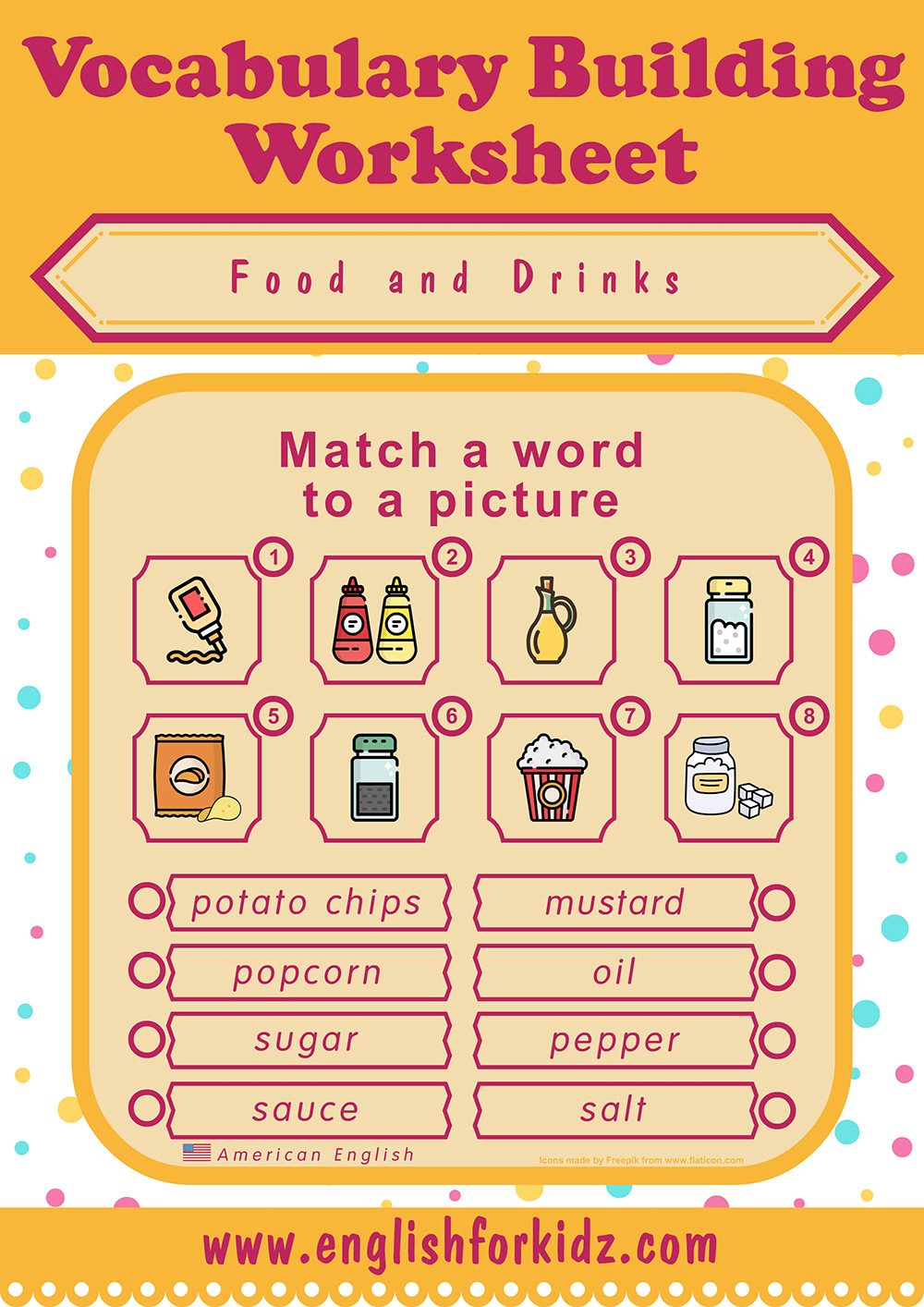 Food & Drinks Worksheets Word to Picture Matching