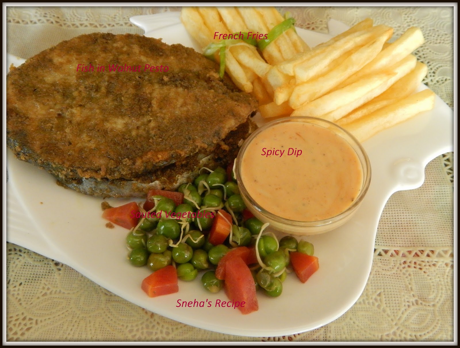 FISH N CHIPS WITH SAUTEED VEGETABLES AND SPICY DIP Sneha's Recipe