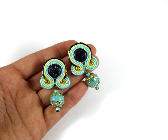 tropical summer colours, soutache earrings, small, handmade colourful jewelry