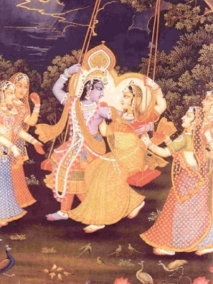 Krishna and Radha on a swing, surrounded by the gopis.