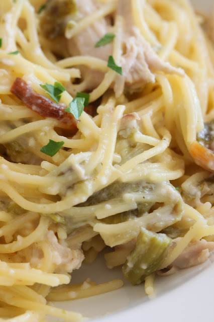 Creamy Green Chile Chicken Spaghetti | Tortillas and Honey