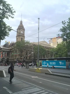 View of a street corner in the central business district of Melbourne Australia