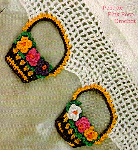 Cestinha de crochê para aplicação em pano de prato Pink Rose Crochet Barra Cesta Com Florzinhas Para Pano De Prato