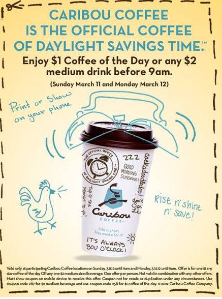 Barbara's Beat: Save $1 on Caribou Coffee for Daylight Saving Time on 3 ...