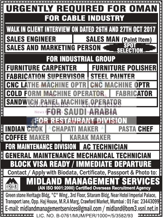 Cable industry urgent job opportunities for Oman Gulf Jobs for Malayalees