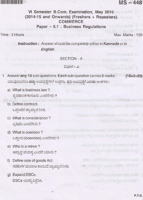 Bangalore University B.Com Business Regulations May 2016 Question Paper - University Question Papers