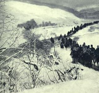 "Russian Troops Moving to the Attack in the Carpathians This photograph was taken by Captain Adrian Simpson, acting A.D.C. to the Grand Duke Michael Alexandrovitch, commander of the Caucasian Native Division, operating in Galicia. The troops are seen passing through a defile in the Carpathians and across a tributary of the River San." (From The War Illustrated Album DeLUXE - published 1915) "Russian Troops Moving to the Attack in the Carpathians This photograph was taken by Captain Adrian Simpson, acting A.D.C. to the Grand Duke Michael Alexandrovitch, commander of the Caucasian Native Division, operating in Galicia. The troops are seen passing through a defile in the Carpathians and across a tributary of the River San." (From The War Illustrated Album DeLUXE - published 1915)