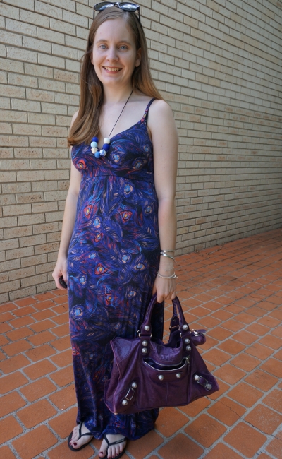 jay jays feather print maxi dress with purple balenciaga bag SAHM style summer | away from blue