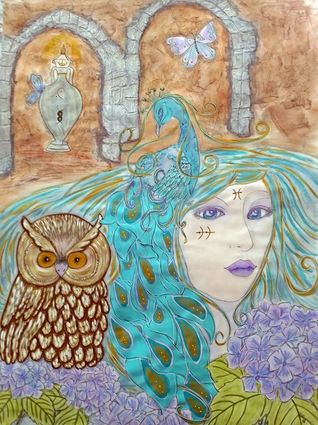 a mixed media piece created by Kimberly McGuiness about renewing and transformation with a peacock, owl and lady with blue hair