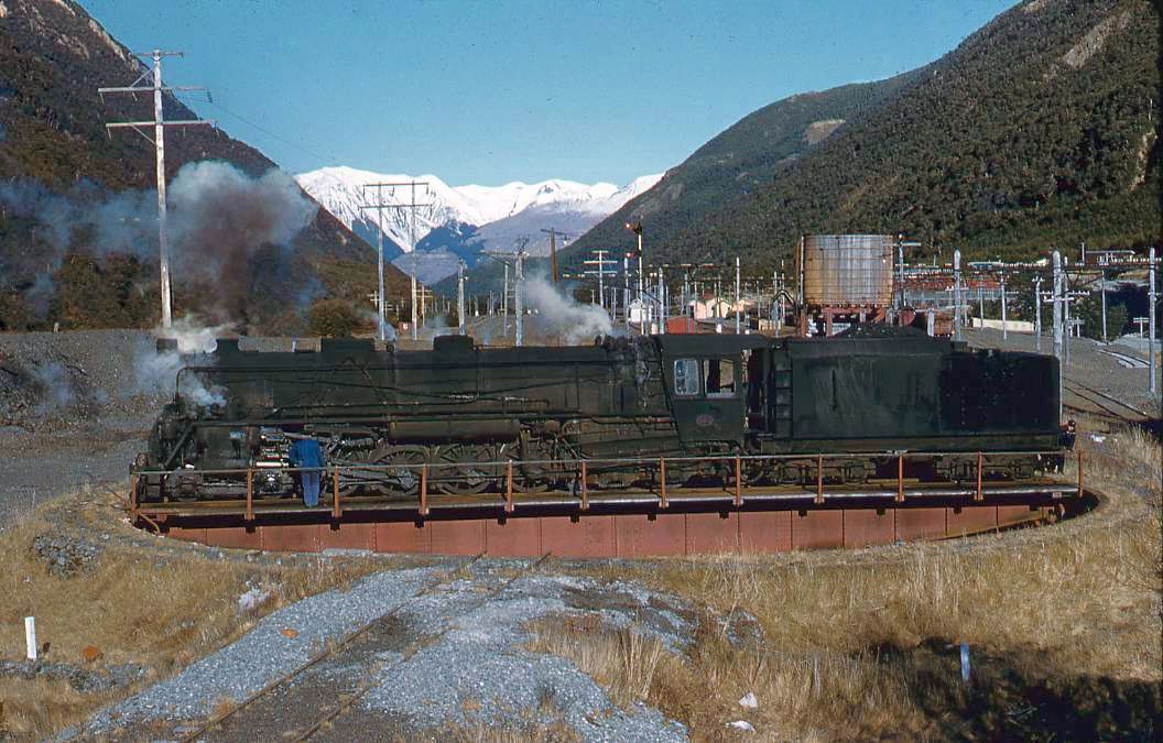 transpress nz NZR KB 484 on the turntable at Arthur's Pass circa 1960
