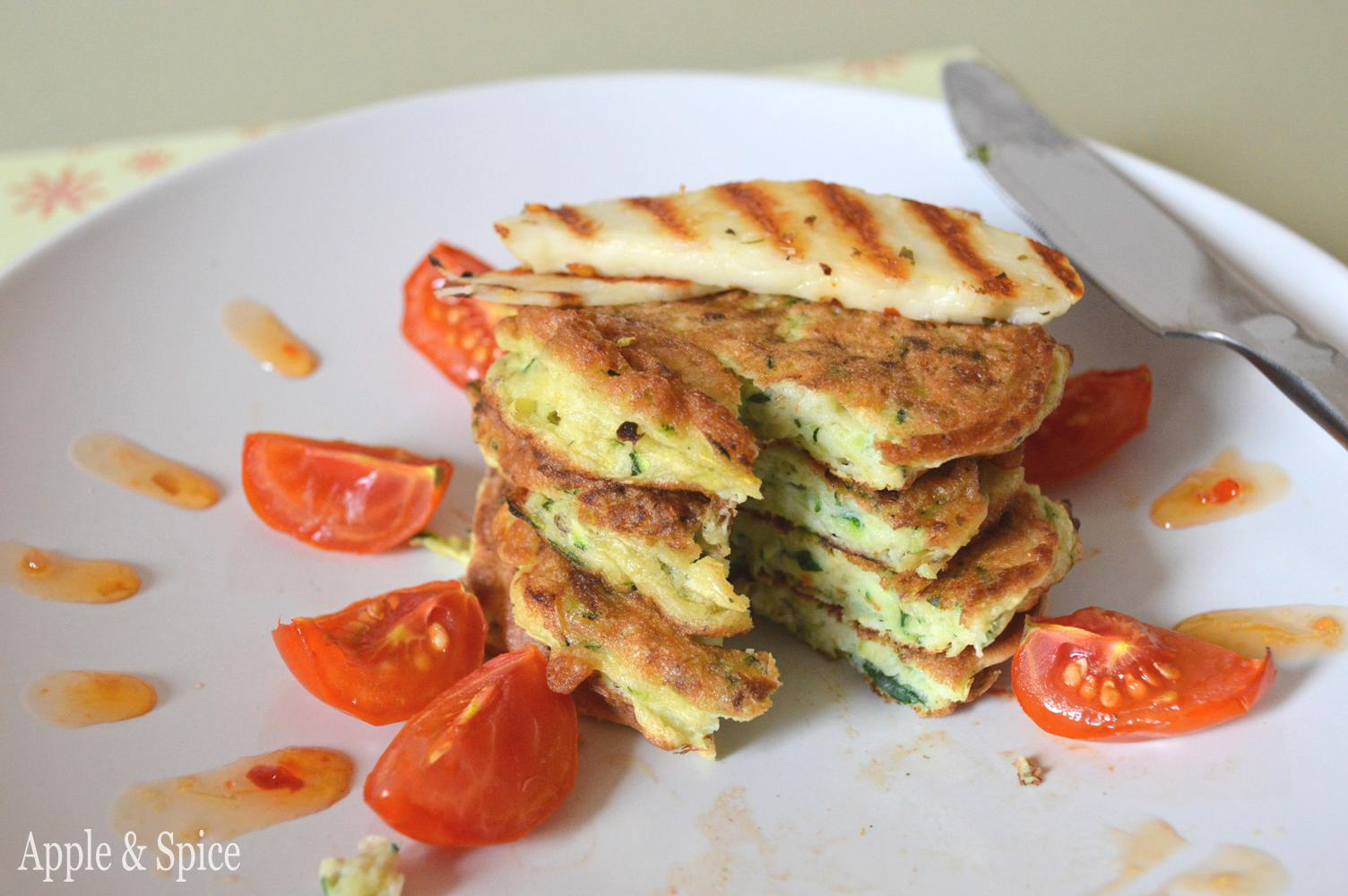 Apple & Spice: Courgette Fritters with Griddled Halloumi