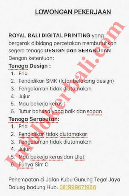 Lowongan Pekerjaan Royal Bali Digital Printing Juni 2019