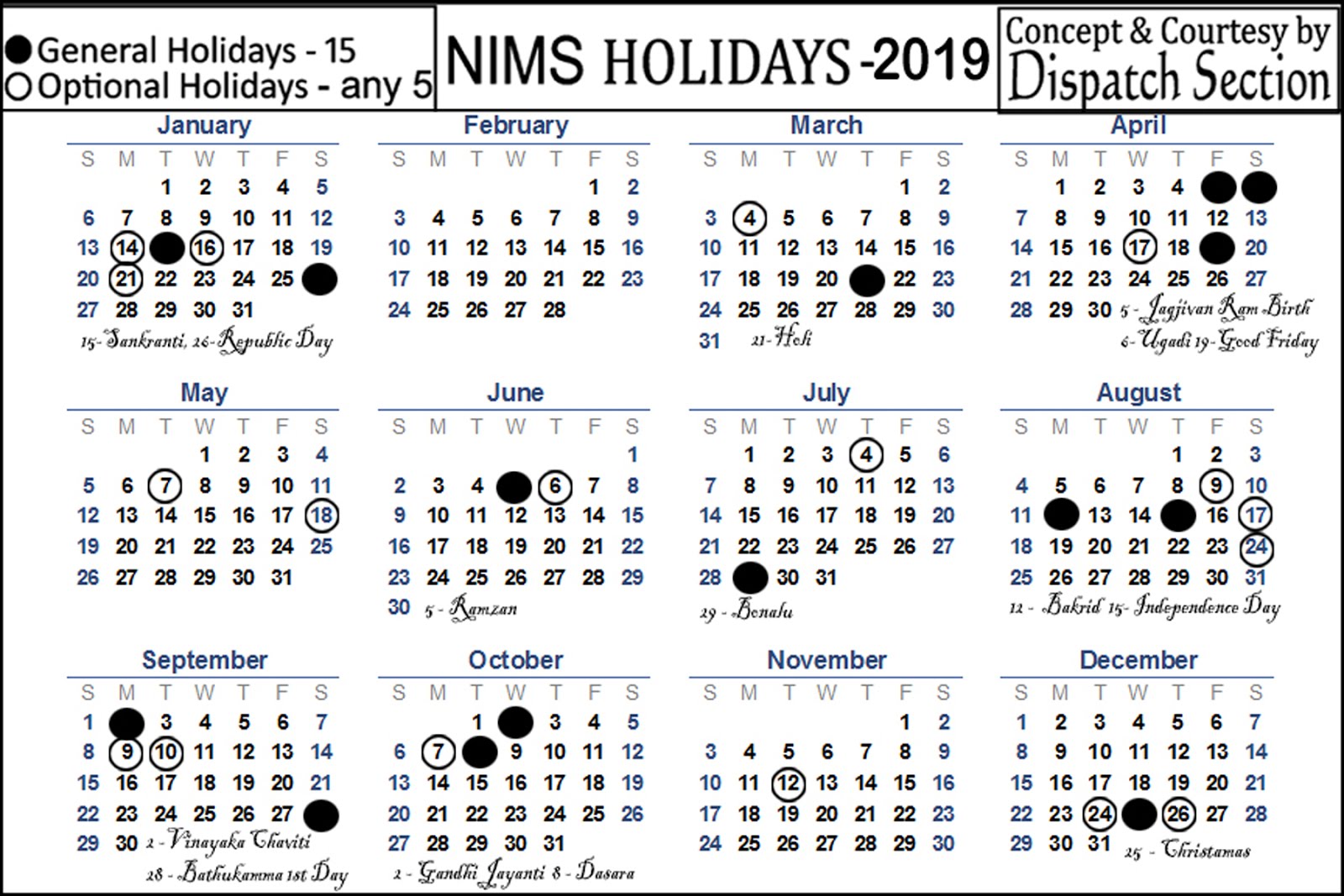 NIMS Holidays List 2019 ..Click on to Enlarge