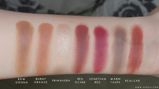 Anastasia Beverly Hills Modern Renaissance Palette Swatches - Raw Sienna, Burnt Orange, Primavera, Red Ochre, Venetian Red, Warm Taupe, Realgar