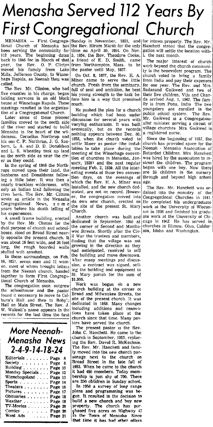 MENASHA Church History