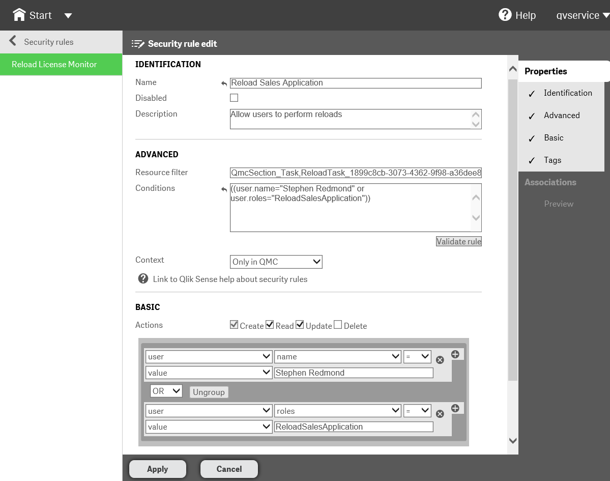 Qlik Tips Configure a Qlik Sense security rule to reload one task