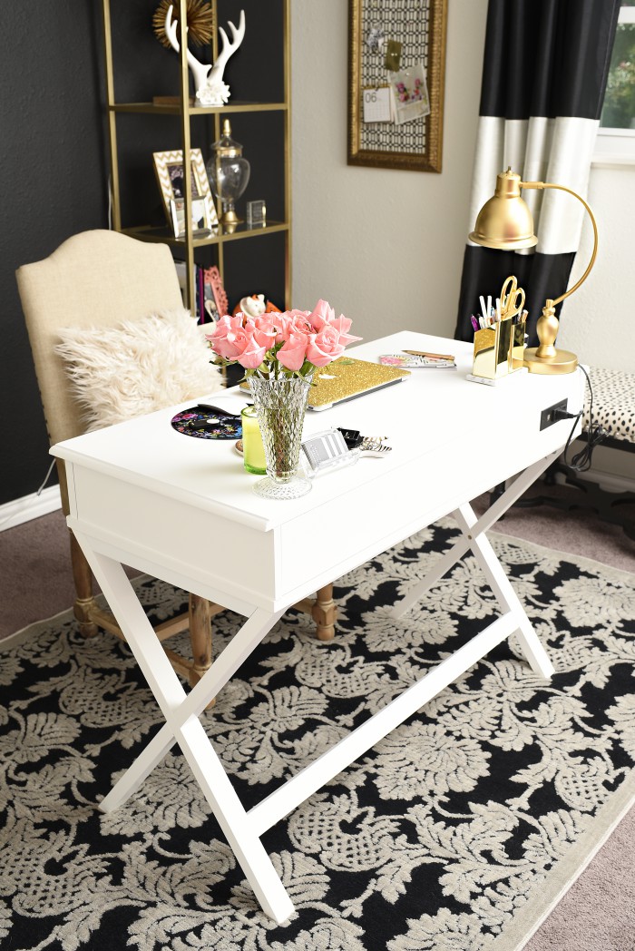 A review of the Nourison Graphic Illusions Black Damask Area Rug from Rug Studio. The rug looks gorgeous in this black, white and gold glam home office. | via monicawantsit.com