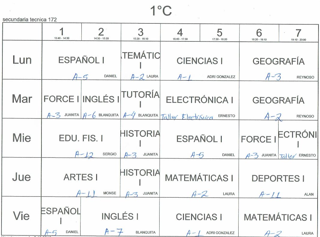 Escuela Secundaria Técnica 172 1°C Turno Vespertino; Nuevo Horario.