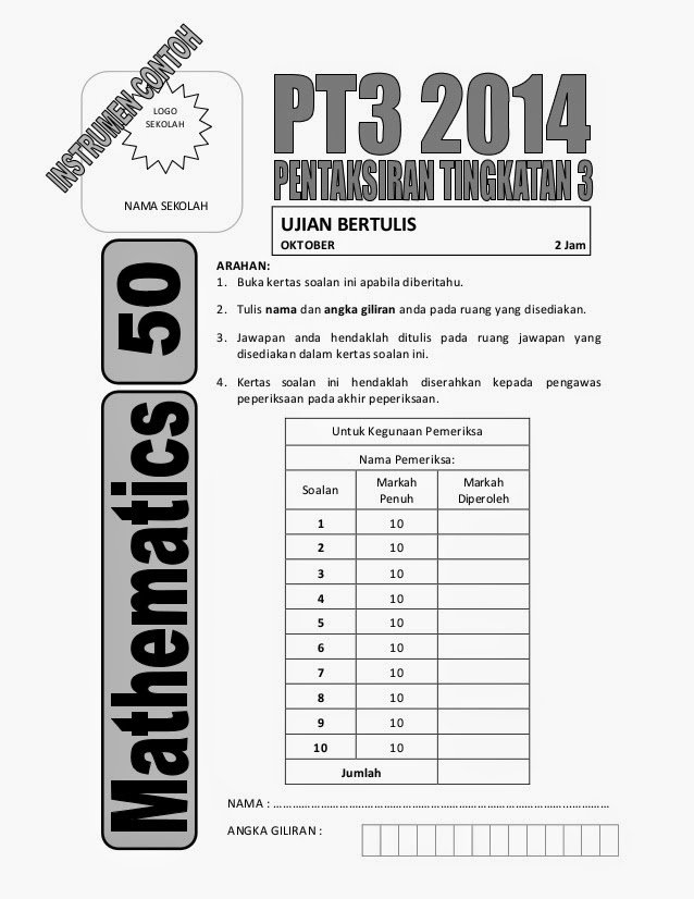 Skema Jawapan Matematik Soalan Percubaan PT3 2014 - IDEA 