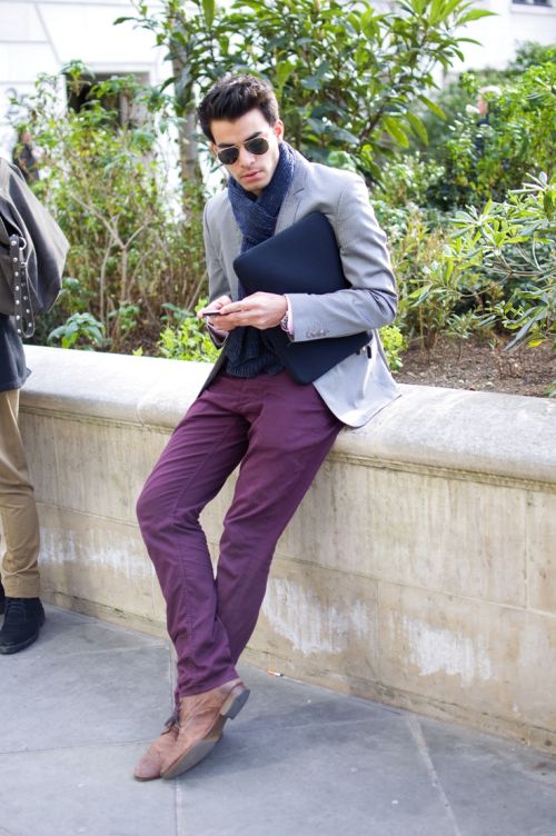 radiant orchid pants with grey jacket and navy scarf