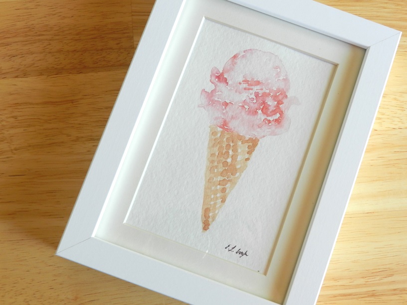 Original Watercolor Pink Ice Cream Cone Painting by Elise Engh