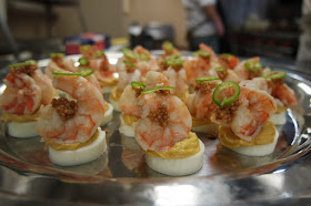 Jay D's Molasses Mustard Deviled Egg topped with Pickled Shrimp, Pickled Mustard Seeds and Serrano