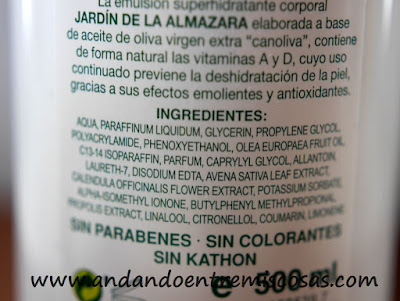 Emulsión superhidratante corporal de aceite de oliva, ingredientes