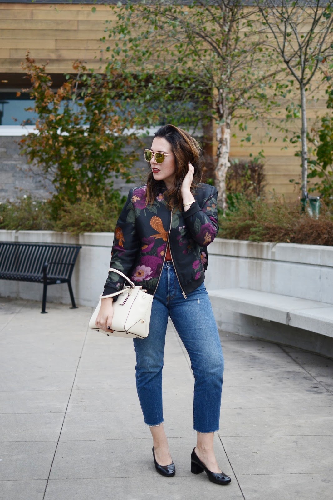 Le Chateau embroidered bomber jacket levis wedgie jeans vancouver fashion blogger aleesha harris
