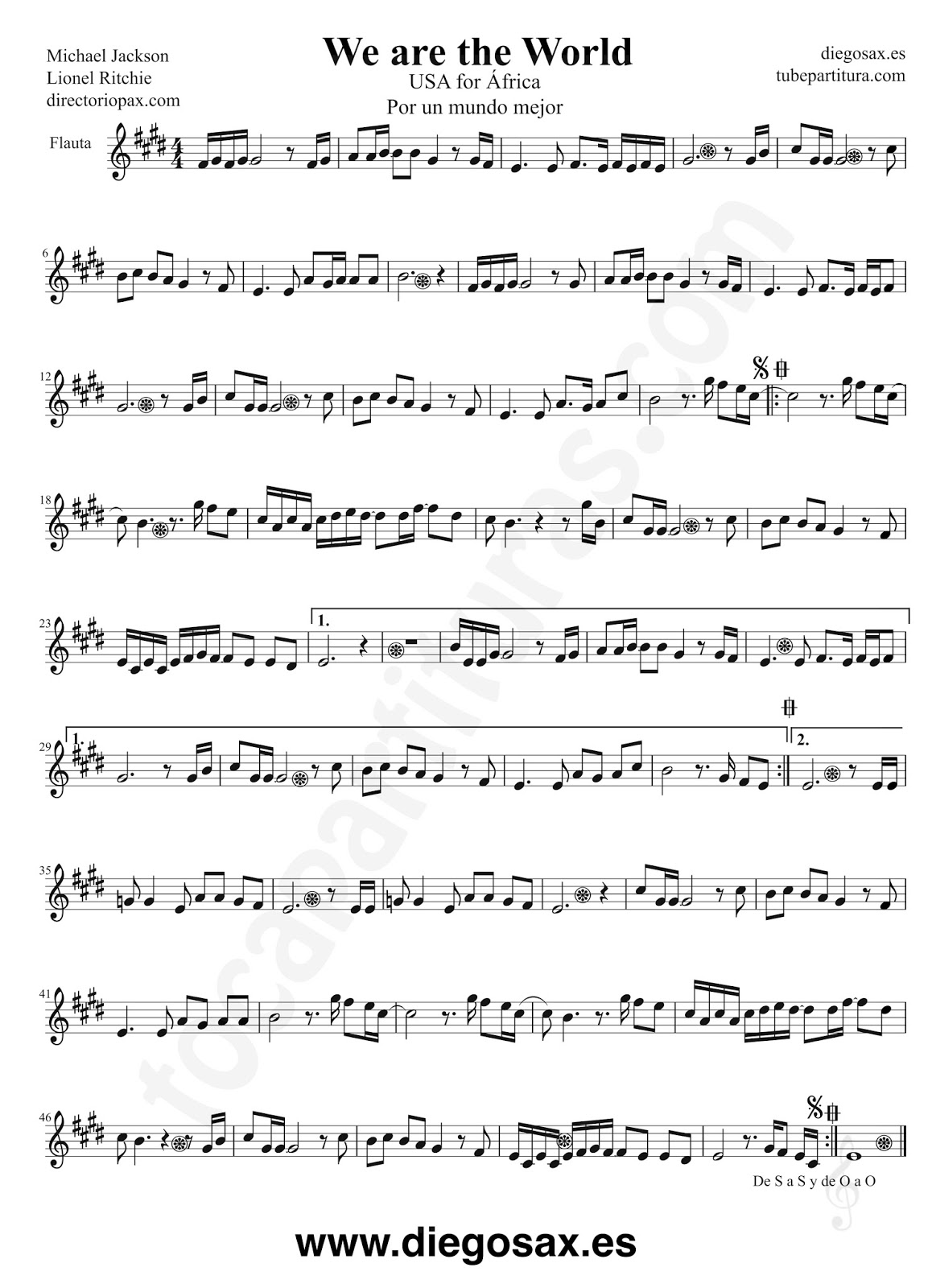 tubepartitura We are the World de Michael Jackson y Lionel Richie