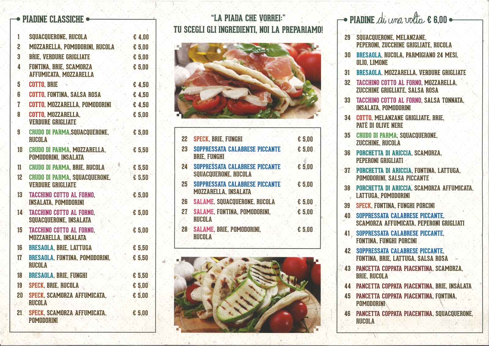 Menu e Prezzi Piadineria LA PIADA DI UNA VOLTA a Milano in Galleria