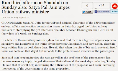 Run third afternoon Shatabdi on Sunday also: Satya Pal Jain urges Union Railway Minister