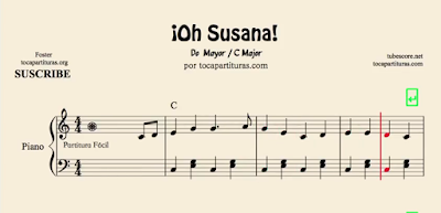Oh Susana Partitura de Piano Fácil en Do, Sol y Fa Mayor con Acordes para Acompañamiento. Partitura Fácil para Pianistas Principiantes