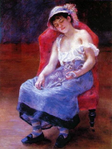 Menina dormindo com um gato, pintura de Renoir.