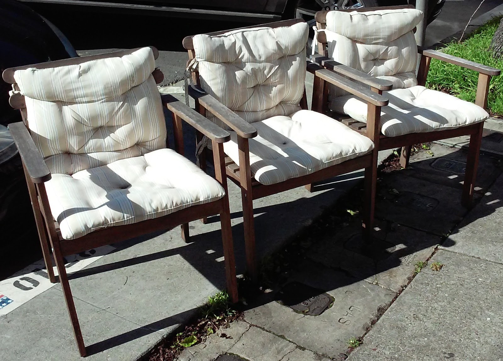 UHURU FURNITURE & COLLECTIBLES SOLD 3 Weathered Teak Patio Chairs
