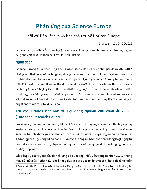 ‘Phản ứng của Science Europe đối với Đề xuất của Ủy ban châu Âu về Horizon Europe’ - bản dịch sang tiếng Việt