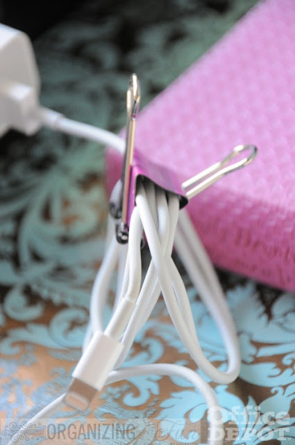 Binder Clips are an excellent way of organizing smartphone cords :: OrganizingMadeFun.com