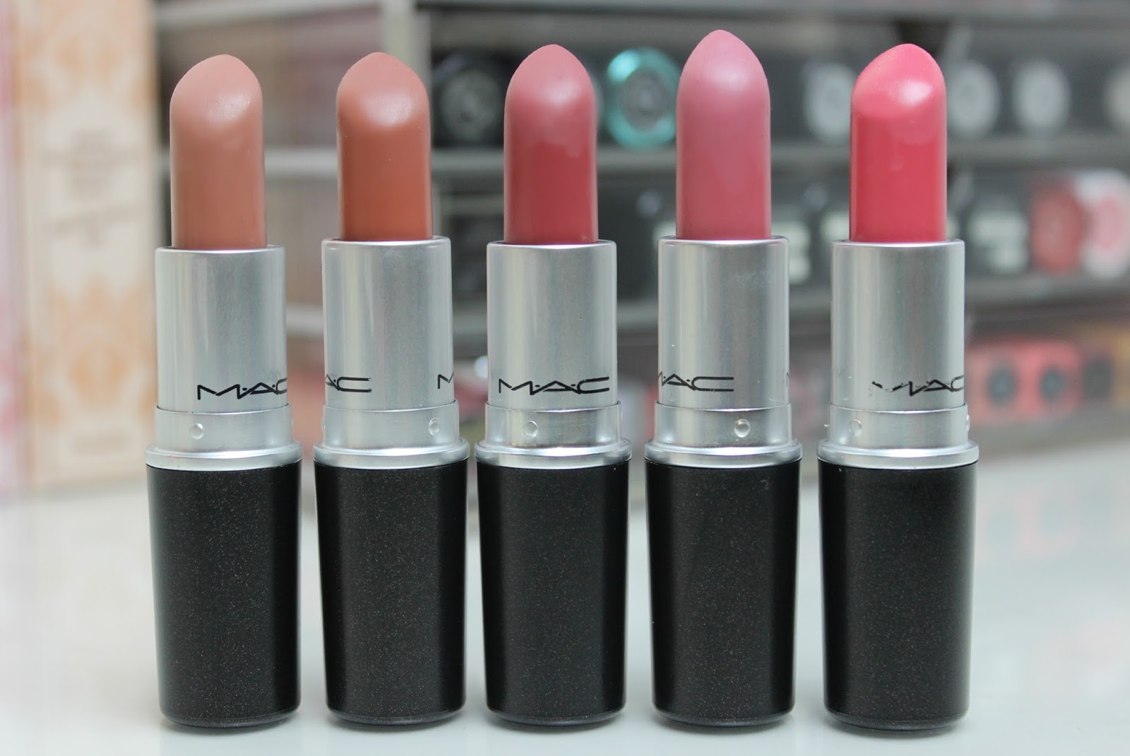 A picture of MAC lipsticks in shades Honey Love, Velvet Teddy, Mehr, Pink Plaid and Chatterbox