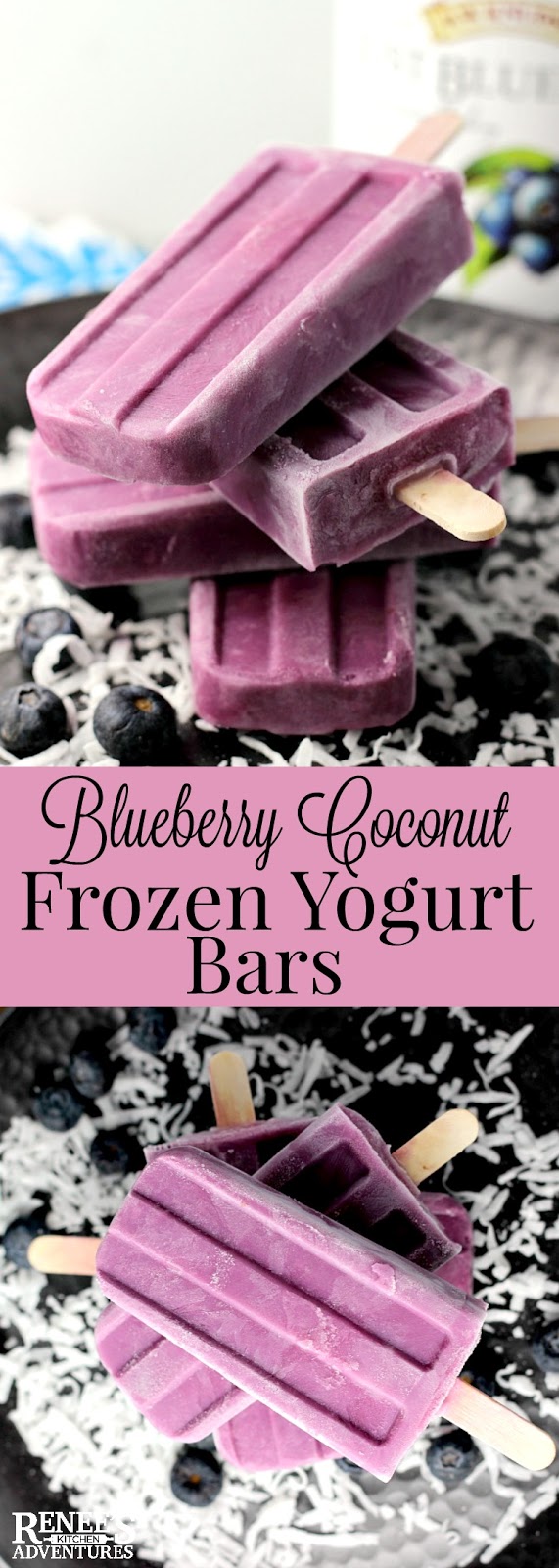 Blueberry Coconut Frozen Yogurt Bars | Renee's Kitchen Adventures - Easy recipe for homemade frozen yogurt bars made with blueberry juice and Greek yogurt. 