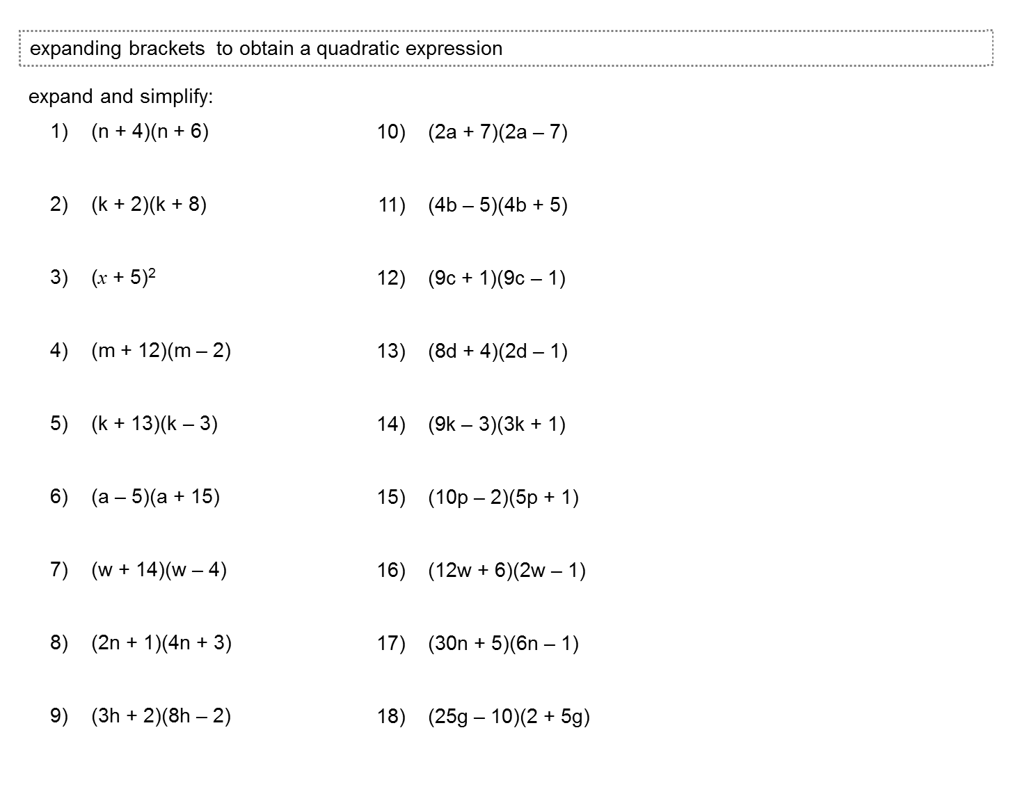 Bracket Multiplication Worksheets